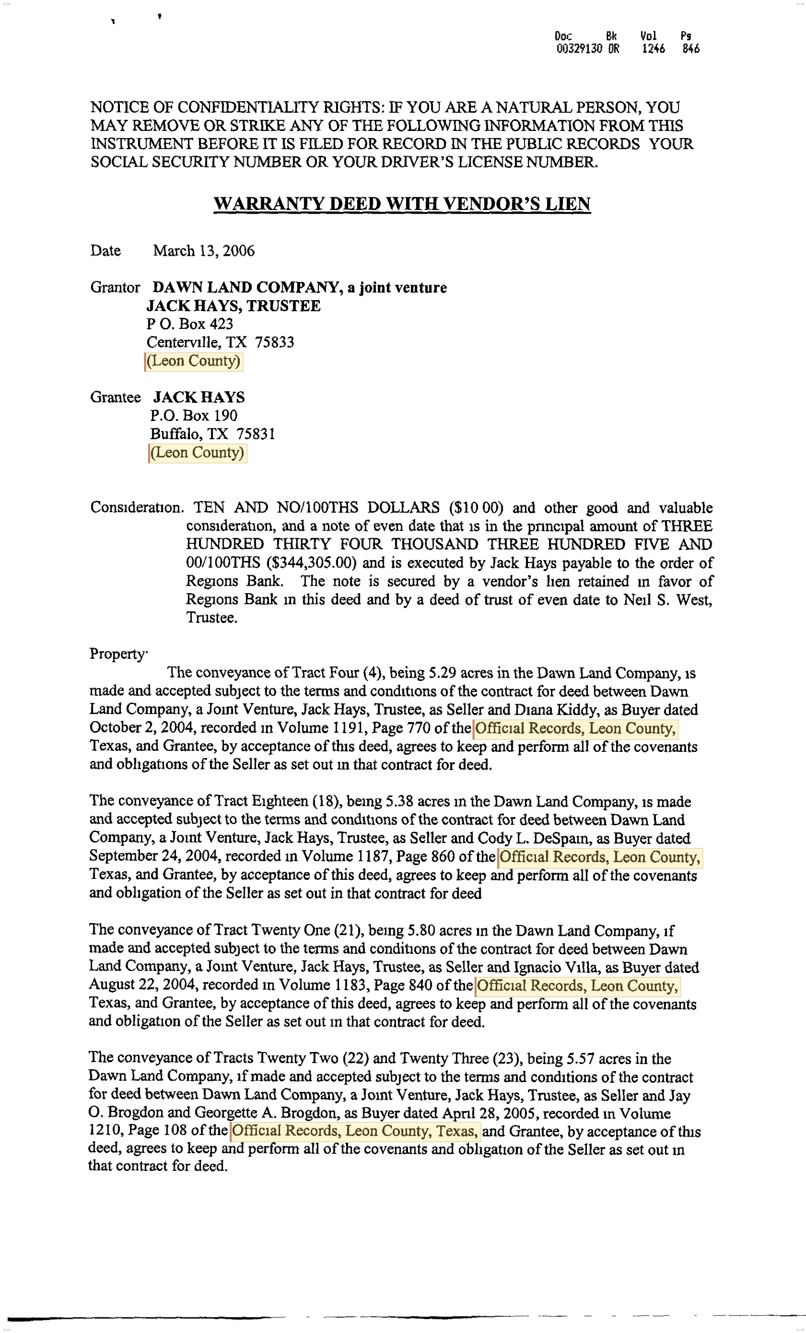 Dawn Land Company, a Joint Venture (Jack Hays, Trustee) Recorded Leon County Deed