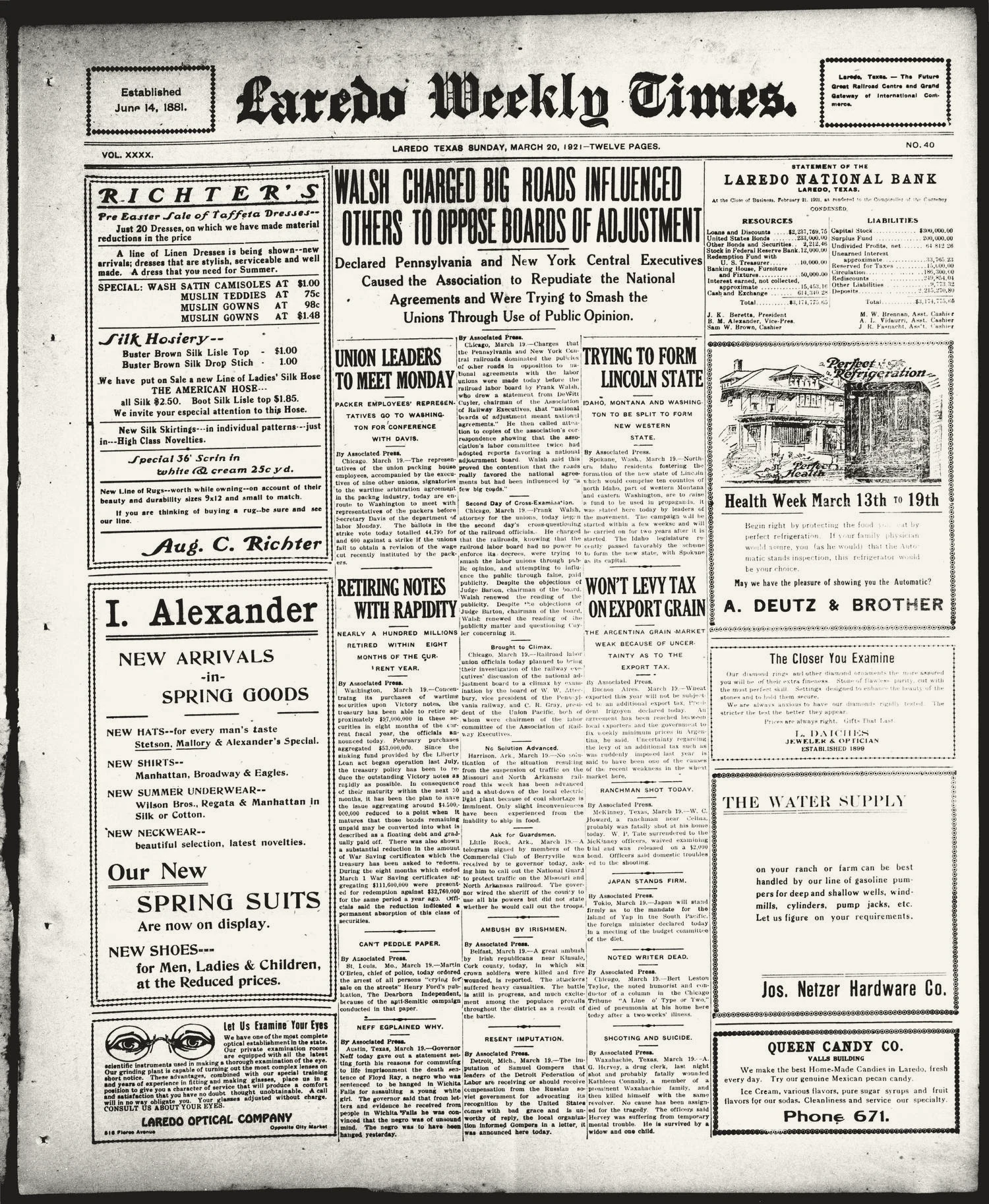 Laredo Weekly Times. (Laredo, Tex.), Vol. 40, No. 40, Ed. 1 Sunday, March 20, 1921
