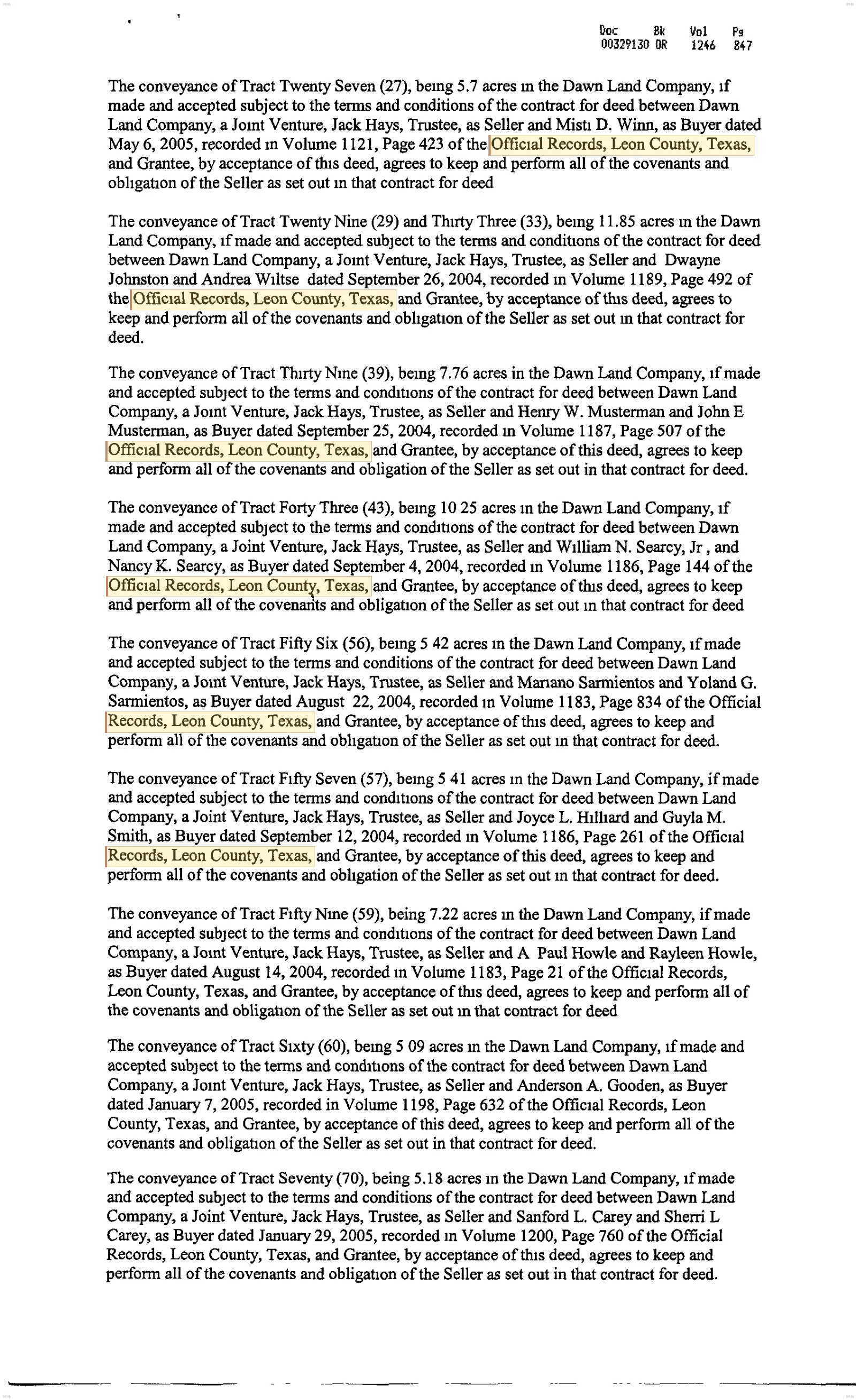 Dawn Land Company, a Joint Venture (Jack Hays, Trustee) Recorded Leon County Deed - Continuation & Legal Description